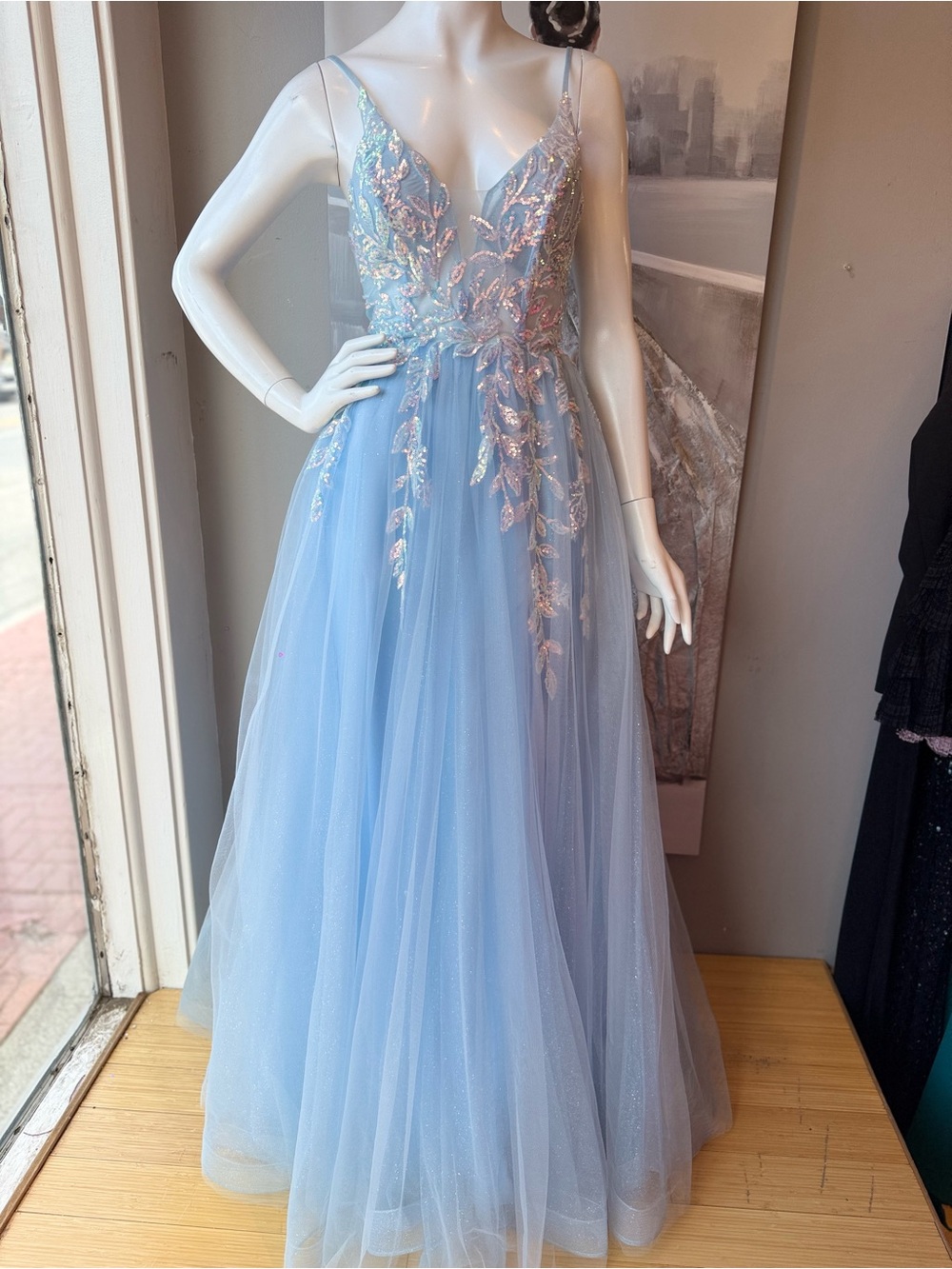 Alyce Paris Light Blue Tulle Prom Gown with Metallic Leaf Embroidery